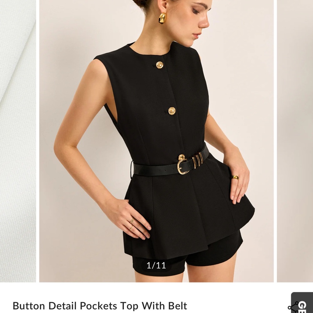 Commense Black Button Detail Top with Belt